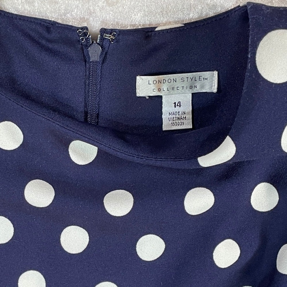 London Style Collection Dress Womens 14 Navy Blue EUC Polka Dot Fit & Flare